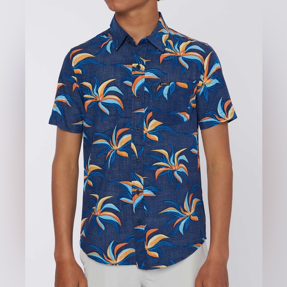 NWT O’Neill Boy’s Grove Flow Navy Hawaiian Shirt, Size XL, Summer, Vacation Sun